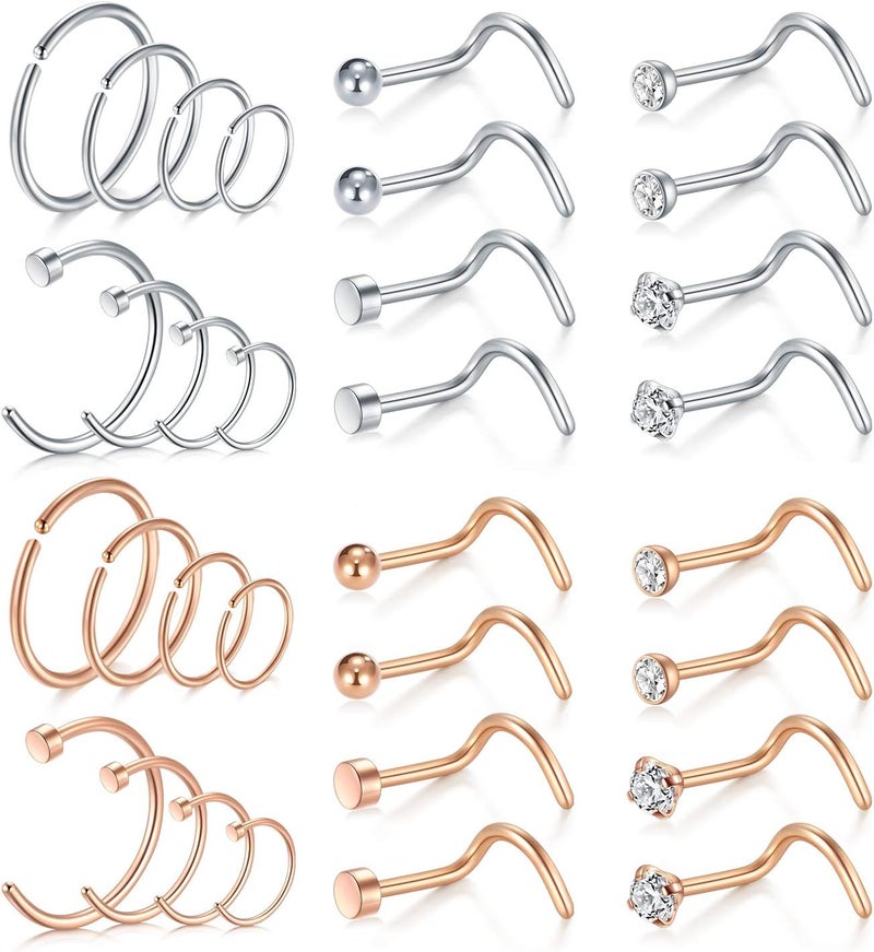Mayhoop 20g Nose Rings Hoops And Studs For Women Men - Hypoallergenic 316L Surgical Stainless Steel L Shape Nose Screw Bone Silver Rose Gold Black Rainbow Pack 28Pcs - Image 1